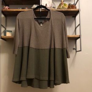 Tan and olive green tunics with a scoop neck